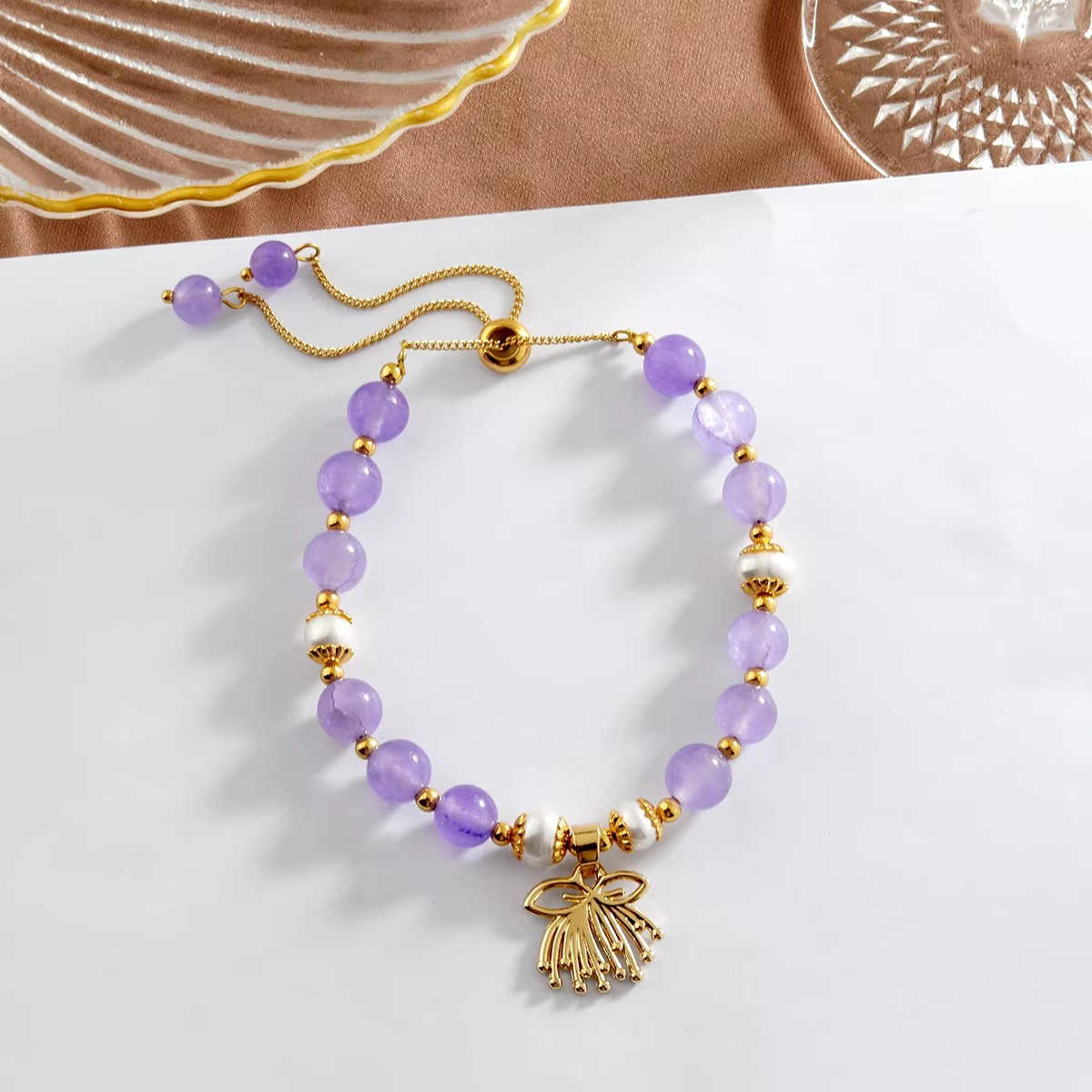 💜 Bracelet Perles Améthyste et Charms Plaqué Or 💜