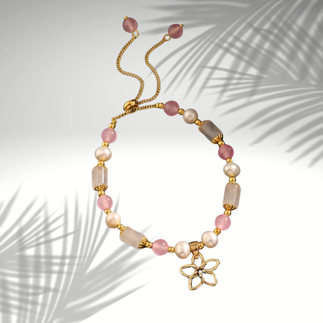 💗 Bracelet Perles Quartz Rose et Charms Plaqué Or 💗
