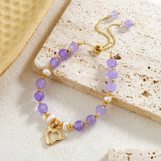 💜 Bracelet Perles Améthyste et Charms Plaqué Or 💜