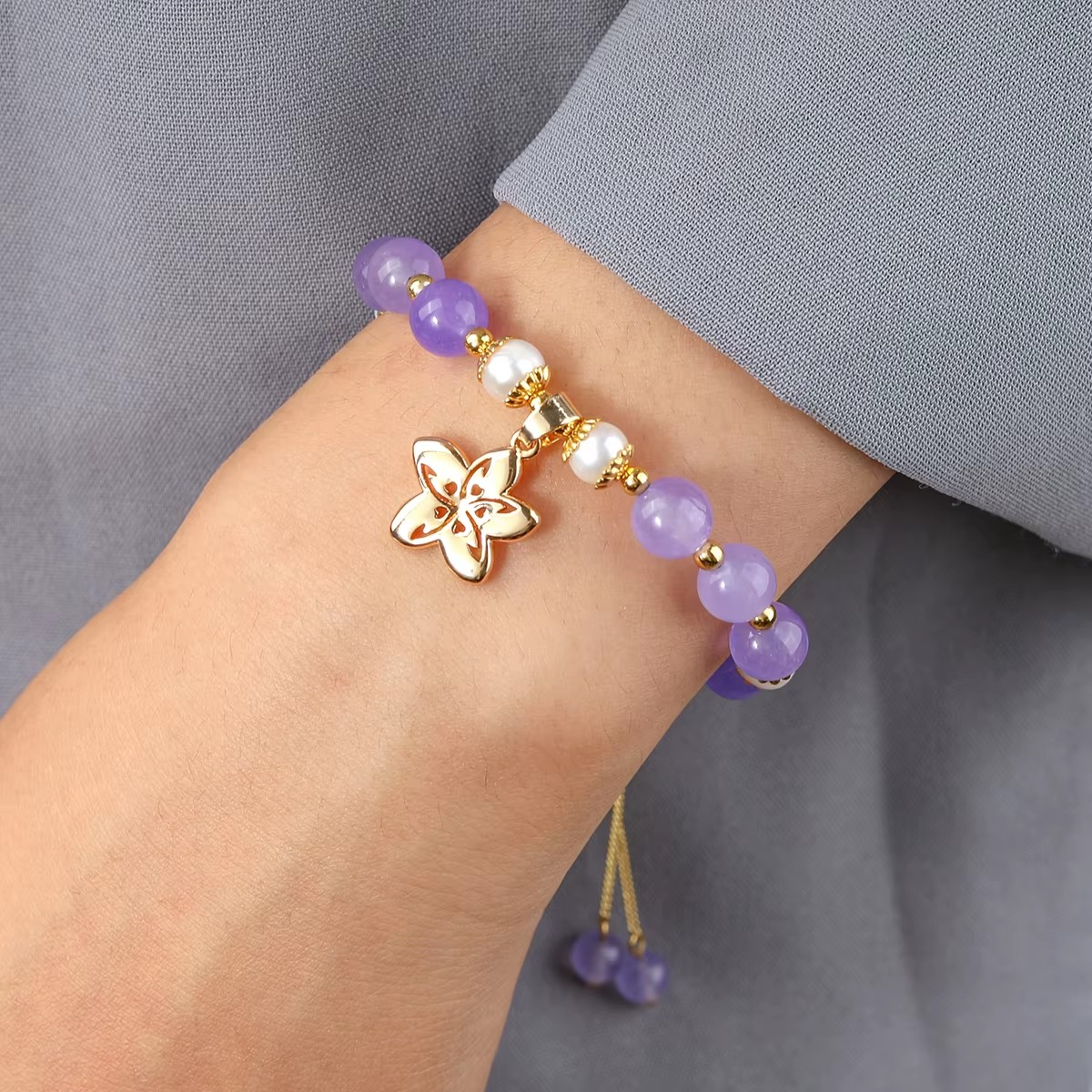 💜 Bracelet Perles Améthyste et Charms Plaqué Or 💜