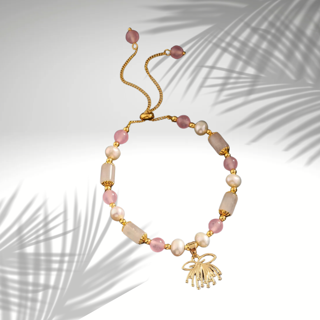 💗 Bracelet Perles Quartz Rose et Charms Plaqué Or 💗
