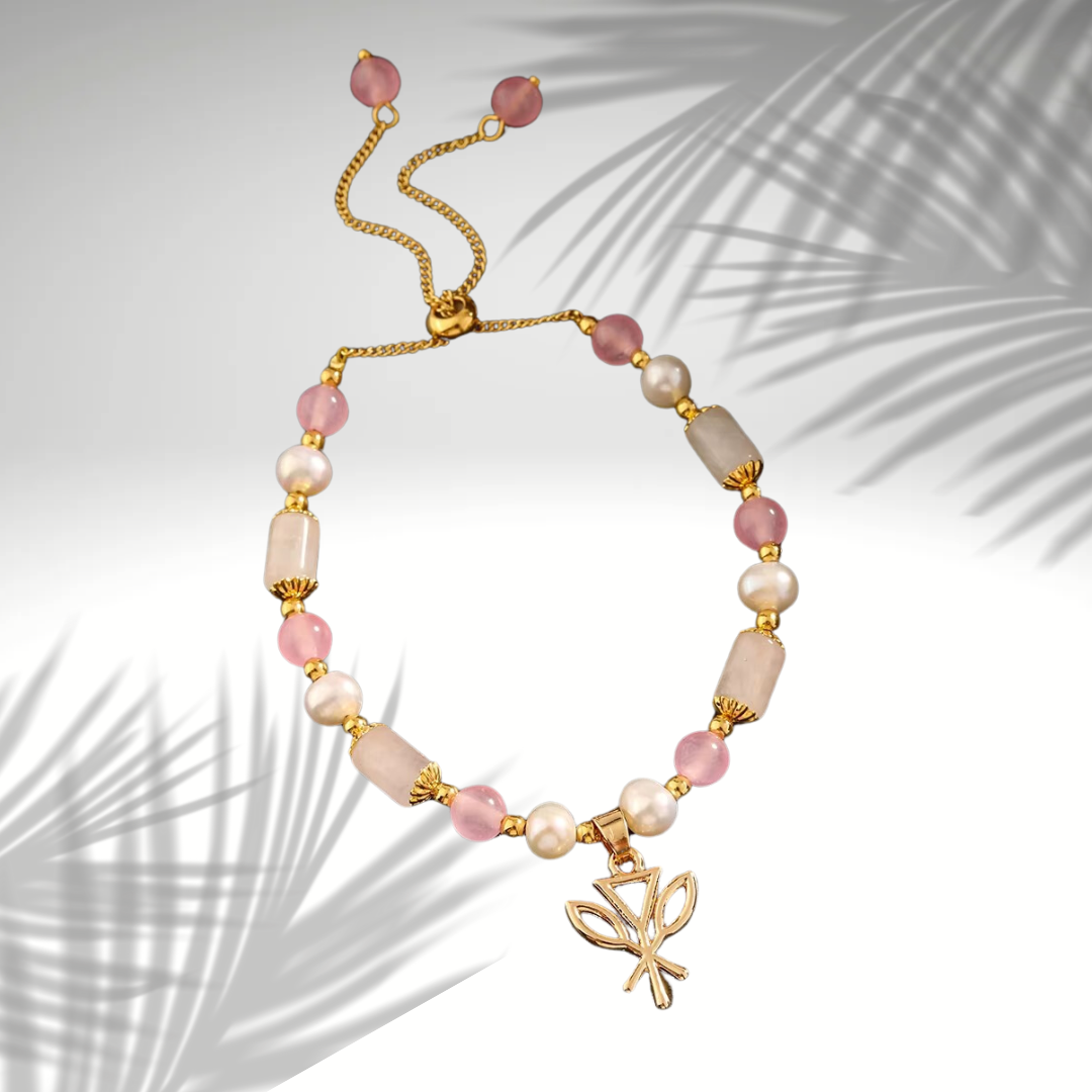 💗 Bracelet Perles Quartz Rose et Charms Plaqué Or 💗